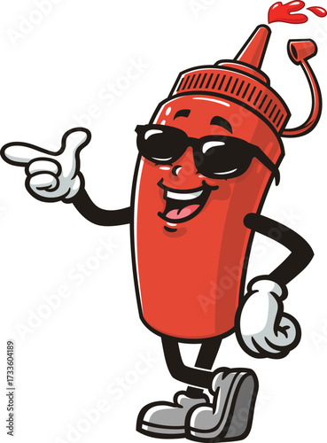 Cartoon mascot of a ketchup bottle wearing sunglasses