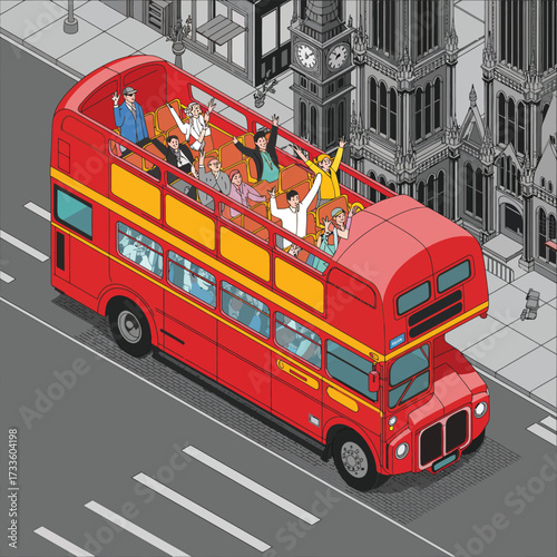 Isometric view of a red double-decker bus with passengers touring a city double decker