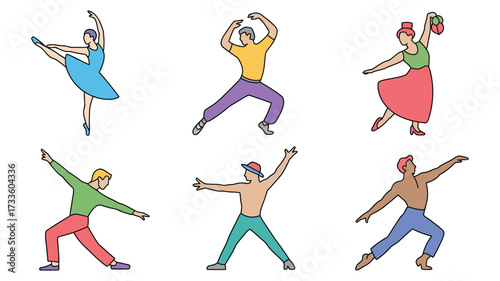 Vector art of diverse group of dancers in various poses, showcasing different dance styles and expressions in a colorful illustration