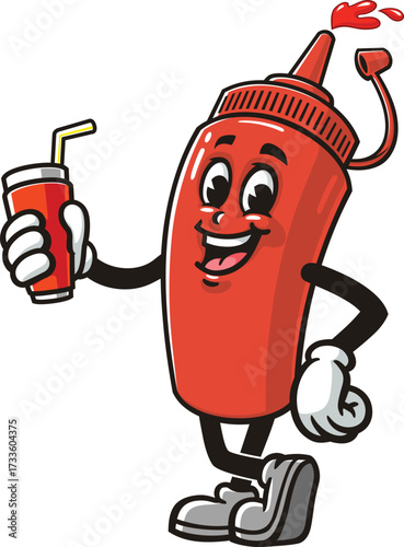 Cartoon mascot of a ketchup bottle holding a soft drink