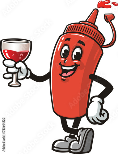 Cartoon mascot of a ketchup bottle holding a glass of drink