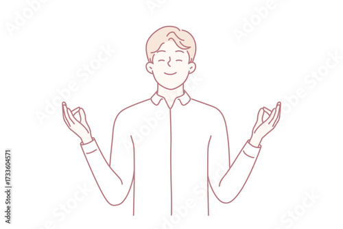Happy young man with mudra hands meditate relieve negative emotions. Smiling calm male practice yoga think positive. Mental health concept. Vector illustration.