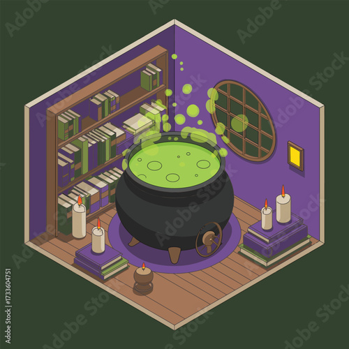 Isometric view of a witch's potion room with bubbling cauldron and bookshelves green