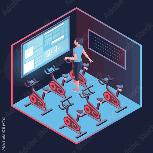 Isometric view of a woman in a spin class with multiple stationary bikes and screen