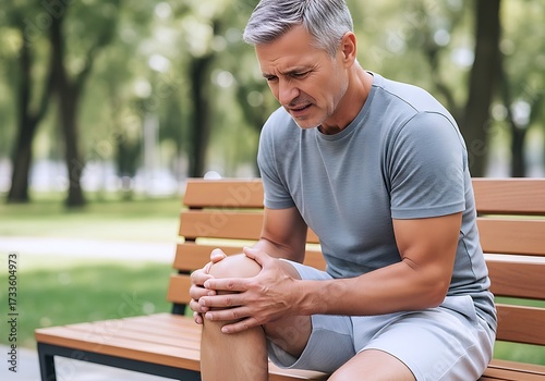 A Gray-Haired Man Sits On A Park Bench Grimacing In Pain While Holding His Knee.