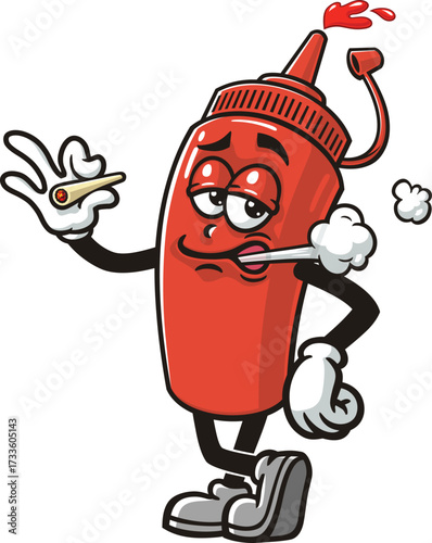 Cartoon mascot of a ketchup sauce bottle is smoking