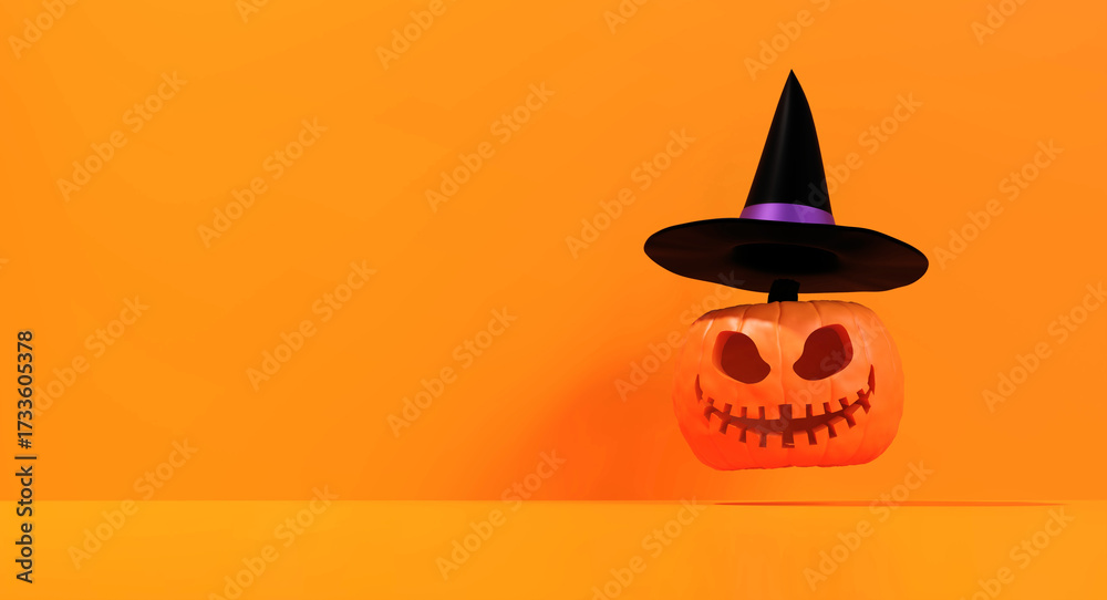 Fototapeta premium citrouille lanterne d'halloween avec un chapeau de sorcière - rendu 3D sur fond orange