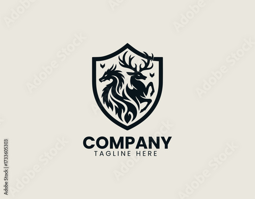 Dragon Deer Shield vector logo illustration
