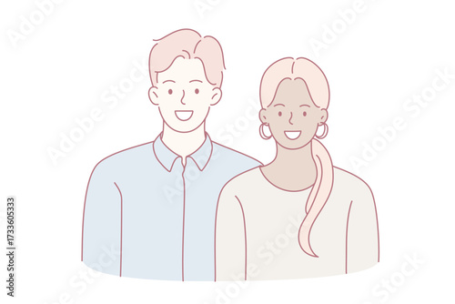 Happy couple of white man and African girl. Vector concept illustration of modern races equality and young family happiness .