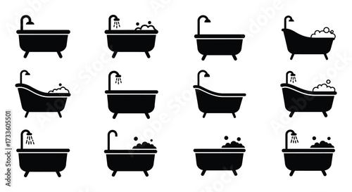 Black silhouette icons depicting various stages of a bathtub filling with water