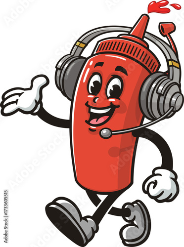 Cartoon mascot of a ketchup bottle wearing a headset or headphone