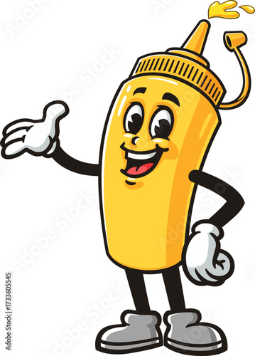 Mustard bottle mascot cartoon with welcoming pose