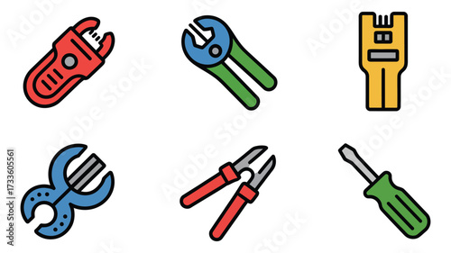 Vector art of set of six colorful icons representing various hand tools, perfect for construction or repair themes