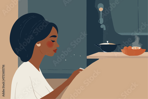 Woman cooking at home with warm meal in cozy kitchen setting  