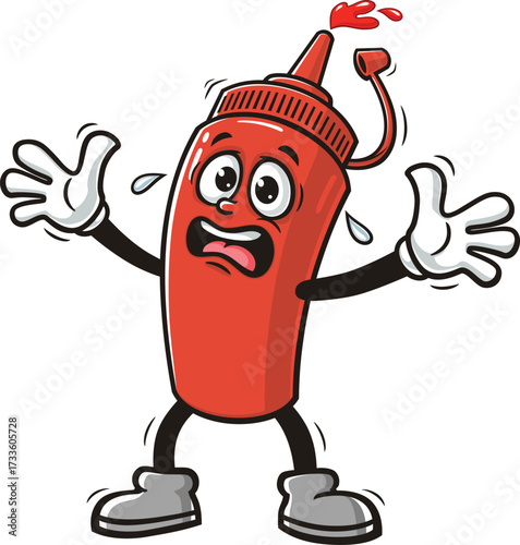 Cartoon mascot of ketchup sauce bottle is panicking or shocked