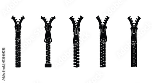 Five black zipper illustrations in varying states of zipped or unzipped position