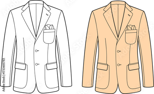 Elegant formal men’s blazer fashion vector illustration with pocket square, front view design template and stylish jacket details