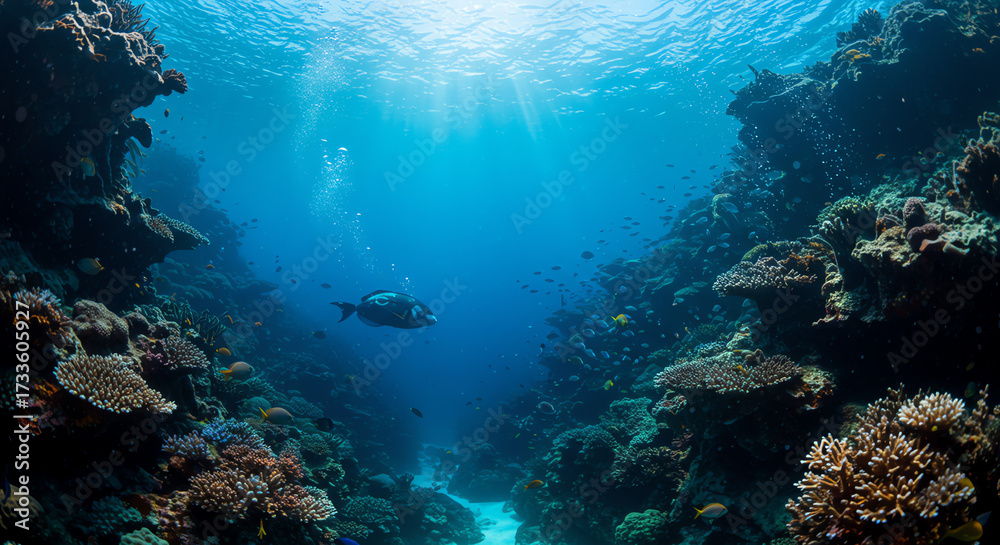 Fototapeta premium Underwater coral reef with fish and sunlight
