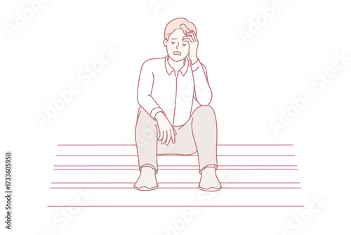 Unhappy young man sit on stairs feel distressed with job loss or failure. Upset male stressed with life or business problems, look for solution. Vector illustration.
