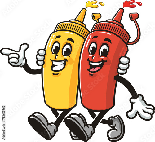Cartoon mascots of ketchup and mustard bottles walking together