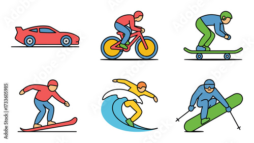 Vector art of a collection of six different sport icons, including car racing, cycling, skateboarding, surfing, snowboarding and skiing