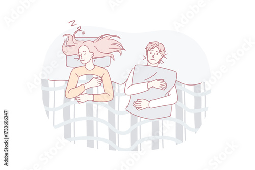 Sleepless anxiety people during the night. Vector illustration of awaked couple during the night suffering of insomnia problem
