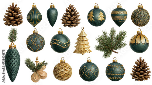 Christmas ornaments collection set isolated on transparent background baubles stars bells snowflakes ribbons candy canes wreaths pine cones and gift decorations high resolution clipart 