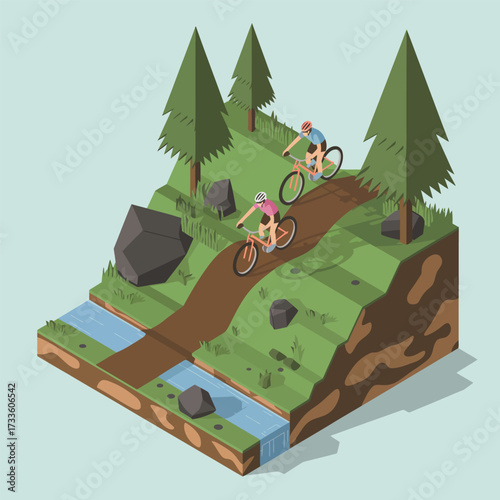Isometric view of two people mountain biking on a dirt trail with a stream cycling