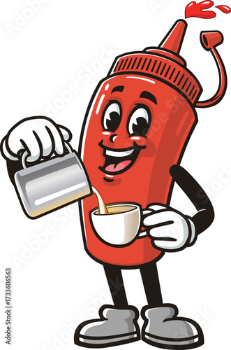 Cartoon mascot of a ketchup sauce bottle being a barista