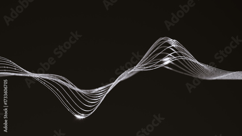 Dynamic abstract wave of glowing silver strings on a dark background, representing digital data flow, modern technology, and elegant scientific 3d rendering concept