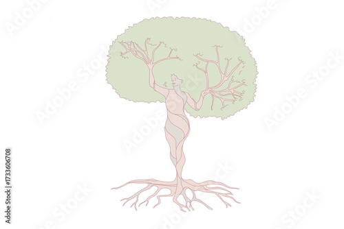 Woman shape being a natural forest tree. Vector concept illustration of nature and human balance by saving and protect nature.