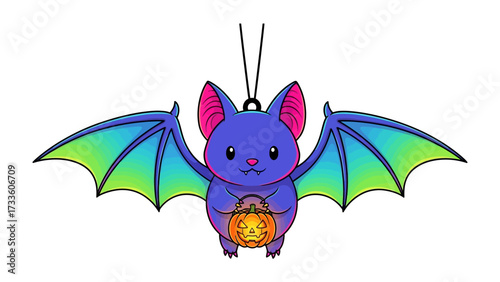 Cute Bat Holding Pumpkin: A charming illustration of a cheerful bat with vibrant wings, clutching a glowing pumpkin, perfect for Halloween. 
