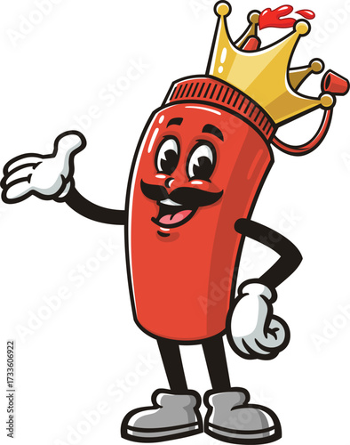 Cartoon mascot of the ketchup sauce bottle king wearing a crown