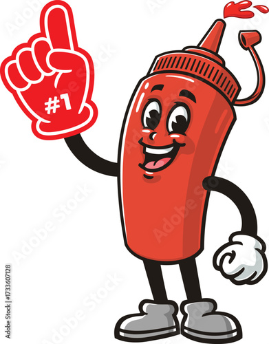 Cartoon mascot of a ketchup sauce bottle holding a giant foam finger