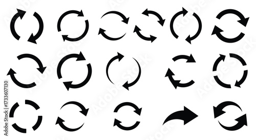 Collection of various black circular arrow icons in a grid pattern