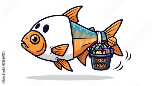 Fish's Spooky Harvest: An animated fish ventures out on Halloween, playfully carrying a bucket of treats in a unique design with a spooky yet friendly tone.