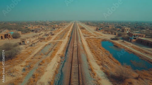 Empty train tracks wind through a dusty, rural landscape
