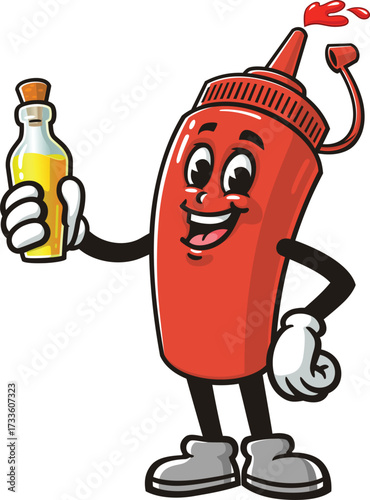 Cartoon mascot of a ketchup sauce bottle holding a bottle of oil