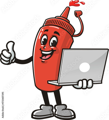 Cartoon mascot of a ketchup sauce bottle holding a laptop