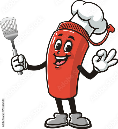 Cartoon mascot of a ketchup bottle holding a spatula and wearing a chef's hat