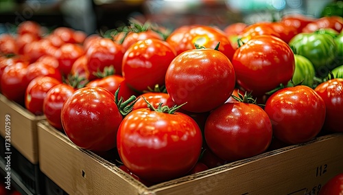 Fresh, vibrant tomatoes in wooden crates