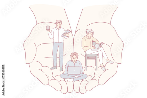 Company manager care about workers office team . Vector concept illustration of work balance and modern office. Worker job benefits