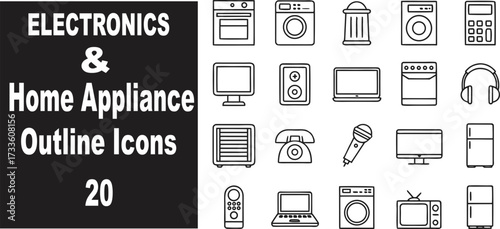 Electronics and Home Appliance Outline Icons: A collection of 20 minimalist line drawings.