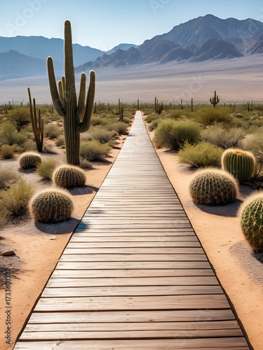 Wallpaper Mural A wooden path leading into a desert landscape with a lone cactus. Torontodigital.ca