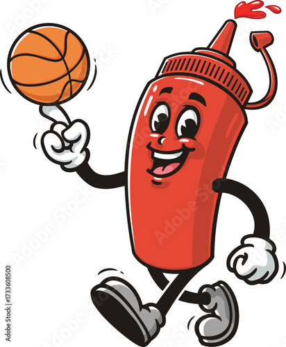 Cartoon mascot of ketchup sauce bottle playing basketball