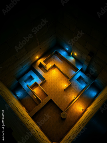 Wallpaper Mural Elevated view of a complex, square maze or labyrinth with concrete texture, illuminated by contrasting yellow and blue light. Torontodigital.ca