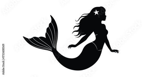 Silhouette of a mermaid with flowing hair and a star adornment