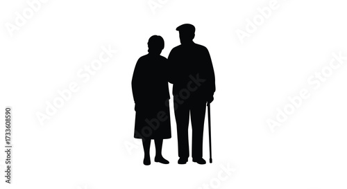 Silhouette of an elderly couple standing close together embracing companionship