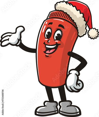 Cartoon mascot of a ketchup bottle wearing a Christmas hat