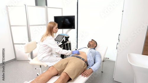 Ultrasonography of abdominal cavity for male patient with ultrasound machine